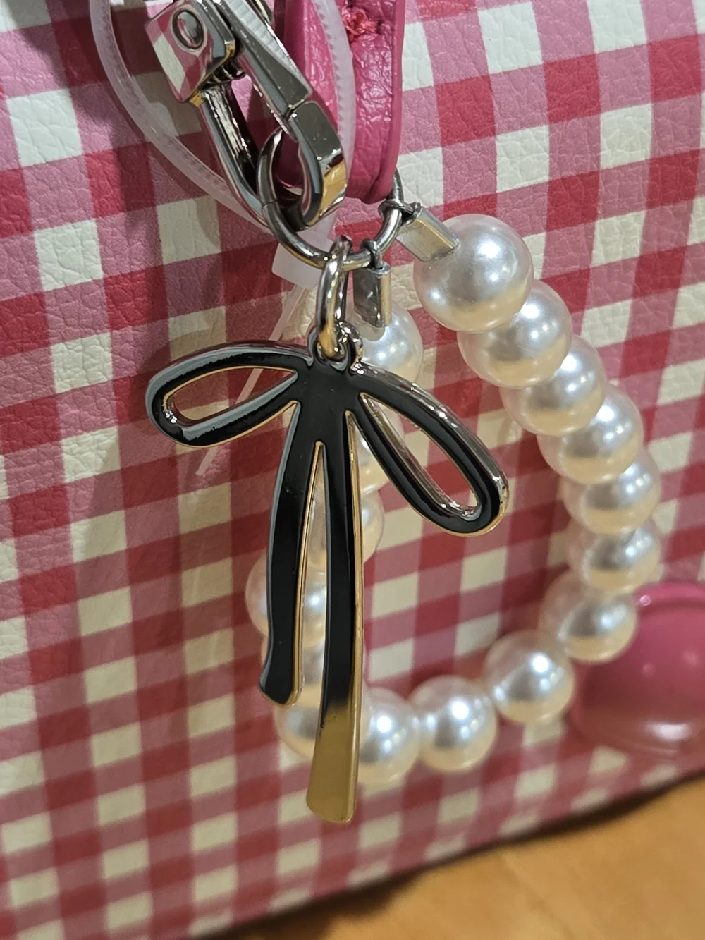 Pink Gingham Crossbody Bag with Heart Accent and Pearl Charm